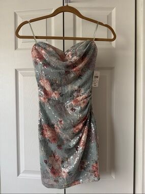 Windsor Dusty Blue Floral Sequin Cowl Mini Dress with Rose Accents
